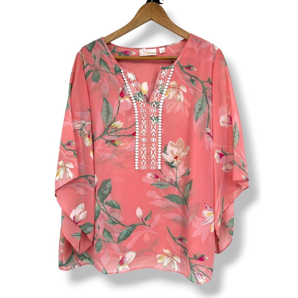 Belle by Kim Gravel Magnolia Print Blouse Coral Pink‎ Floral Tropical Blouse M